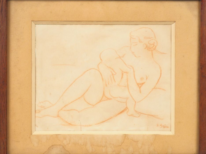 Henri FRERE. "Maternité". Dessin à la sanguine, signé en bas à droite 