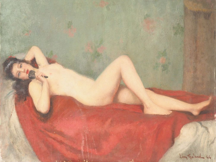 Léon GALAND. "nue à l'éventail". Huile sur toile, signée en bas à droi