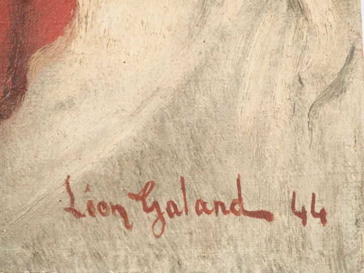 Léon GALAND. "nue à l'éventail". Huile sur toile, signée en bas à droi