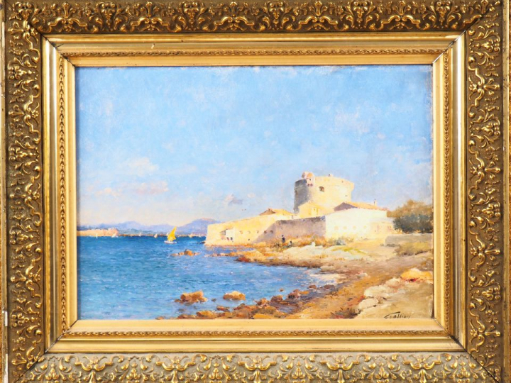 Octave GALLIAN. "Bord de mer en méditerranée". Huile sur toile, signée