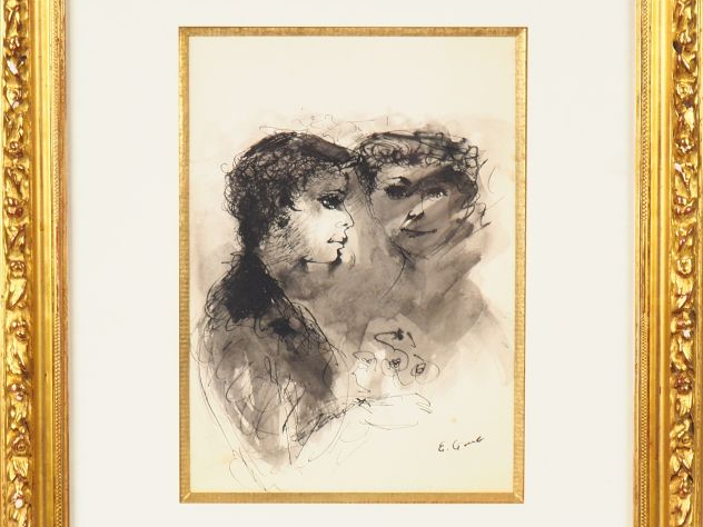 Edouard GOERG. "Couple de personnages". Dessin à l'encre, signé en bas