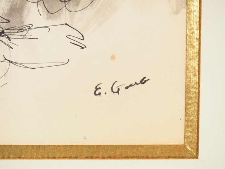 Edouard GOERG. "Couple de personnages". Dessin à l'encre, signé en bas