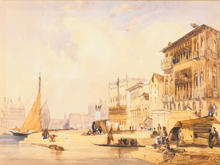 Juliette de GRILLON. "Vue de Venise". Aquarelle, signée en bas à droit