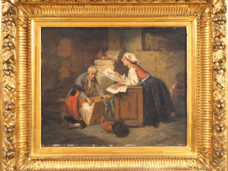 Vente aux enchères Alexandre GUILLEMIN. "Le vendeur d'estampes" Huile sur panneau, signée