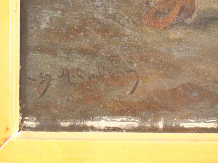 Alexandre GUILLEMIN. "Le vendeur d'estampes" Huile sur panneau, signée