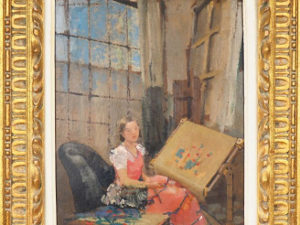 Vente aux enchères Lucien Victor GUIRAND DE SCEVOLA. "Brodeuse dans un interieur". Huile 