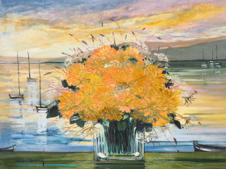 Vente aux enchères Michel HENRY. "Soucis d'or sur la mer". Huile sur toile, signée en bas