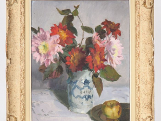 Vente aux enchères Paul Jean HUGUES. "Le bouquet de dahlias". Huile sur carton, signée en