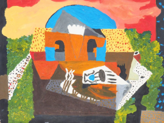 Vente aux enchères Robert JIRAN. "paysage cubiste" Huile sur carton, signée en bas à gauc