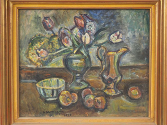 Vente aux enchères Pinchus KREMEGNE. "Nature morte aux fleurs et aux fruits" Huile sur pa