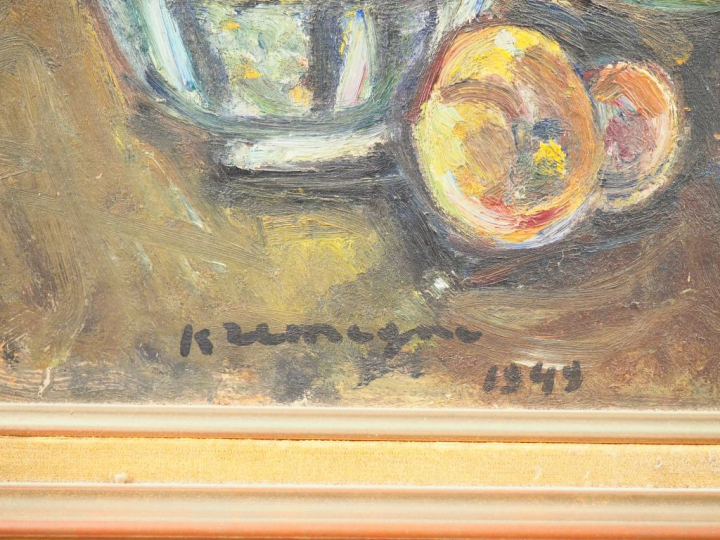 Pinchus KREMEGNE. "Nature morte aux fleurs et aux fruits" Huile sur pa