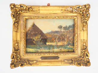 Vente aux enchères Paul LOUCHET.  "Meule de foin en été" Huile sur panneau, signée en bas
