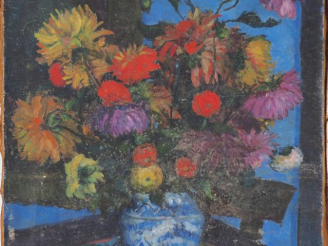 Vente aux enchères Lucien MAILLOL.  "Bouquet de fleurs dans un vase en faïence" Huile sur