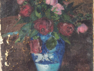 Vente aux enchères Lucien MAILLOL.  "Bouquet de roses dans un vase" Huile sur toile, sign