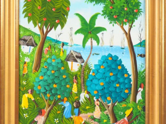 Vente aux enchères MICHELET. Ecole haitienne  "l'orangeraie"  Huile sur toile signée en b