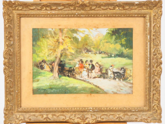 Vente aux enchères Fred MONEY. "Au parc". Pastel, signé en bas à gauche Dim. 20,5 x 30,5 