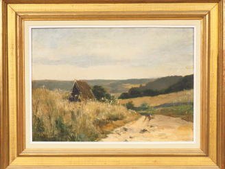 Vente aux enchères C. MORIS. "Chemin de campagne". Huile sur toile, signée et dédicacée e