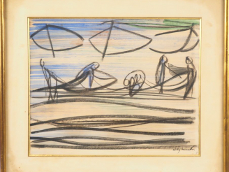 Vente aux enchères Willy MUCHA.  "Barques et pêcheurs" Dessin, signé en bas à droite. Dim
