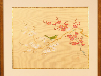 Vente aux enchères HOGETSU NAKANISHI. "Oiseaux branchés" Aquarelle sur soie Dim. 38 x 45 