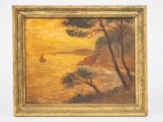 Vente aux enchères NERLOW. "Bord de mer au coucher de soleil" Huile sur carton, signée en