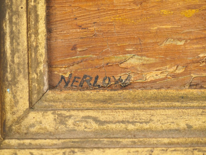 NERLOW. "Bord de mer au coucher de soleil" Huile sur carton, signée en