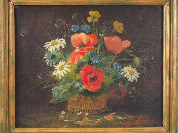 NICOT. "Corbeille de fleurs des champs". Huile sur toile, signée en ba