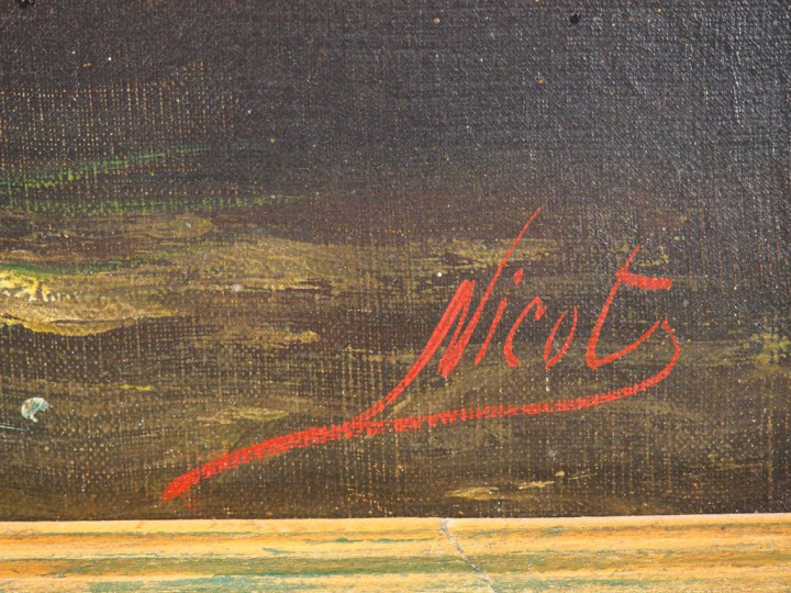 NICOT. "Corbeille de fleurs des champs". Huile sur toile, signée en ba