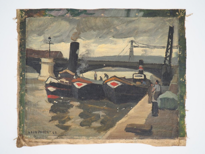 Léon PARENT. "bateaux à quai" Huile sur toile, signée en bas à gauche 