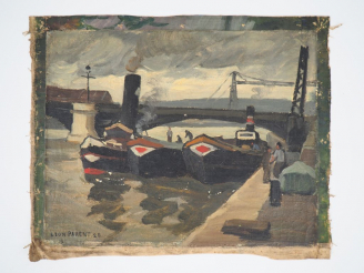 Vente aux enchères Léon PARENT. "bateaux à quai" Huile sur toile, signée en bas à gauche 