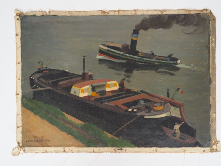 Léon PARENT. "péniches" Huile sur toile, signée en bas à gauche et dat