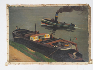 Vente aux enchères Léon PARENT. "péniches" Huile sur toile, signée en bas à gauche et dat