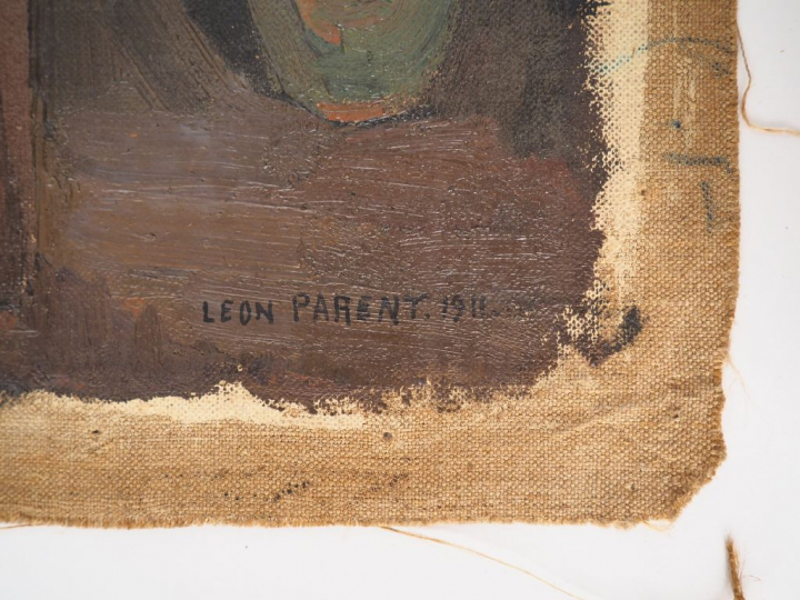 Léon PARENT. "nature morte au fauteuil et au cadre" Huile sur toile, s