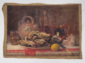 Vente aux enchères Léon PARENT. "nature morte aux huitres" Huile sur toile, signée en hau