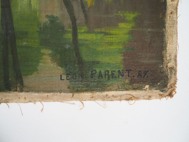Léon PARENT. "paysage lacustre au pont" Huile sur toile, signée en bas