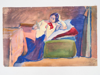 Vente aux enchères Léon PARENT. "jeune fille à la lecture" Aquarelle, signée en bas à dro