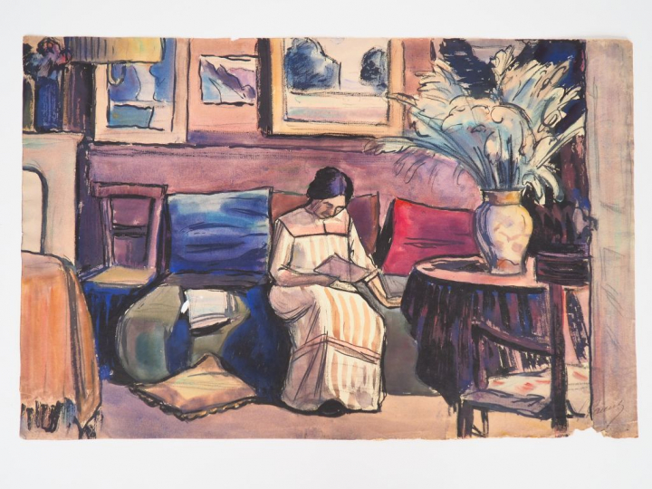 Léon PARENT. "femme à la lecture dans un intérieur" Aquarelle, signée 