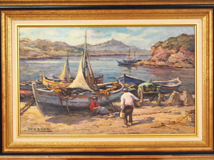 PERROT. "Port de pêche en Espagne". Huile sur isorel, signée en bas à 