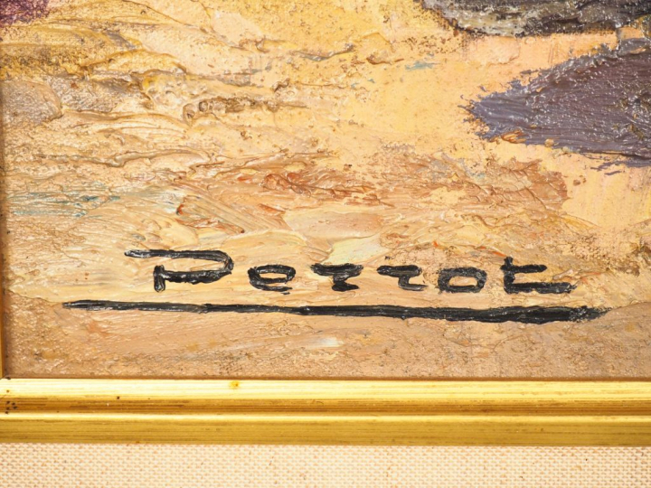 PERROT. "Port de pêche en Espagne". Huile sur isorel, signée en bas à 