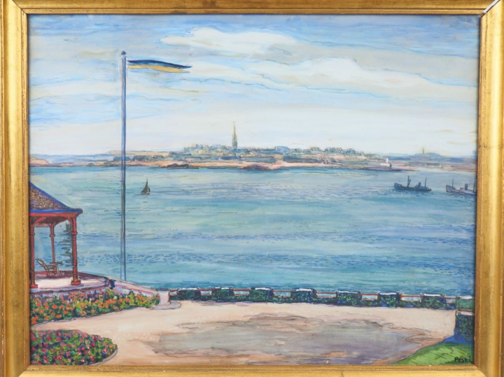 Jean PESKE. "Bord de fleuve" Aquarelle gouachée, signée en bas à droit