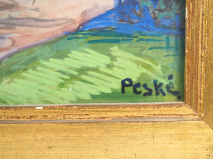 Jean PESKE. "Bord de fleuve" Aquarelle gouachée, signée en bas à droit