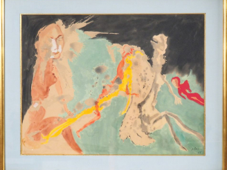 Vente aux enchères J. PONS. "personnages fantastiques" Aquarelle gouachée, signée en bas 