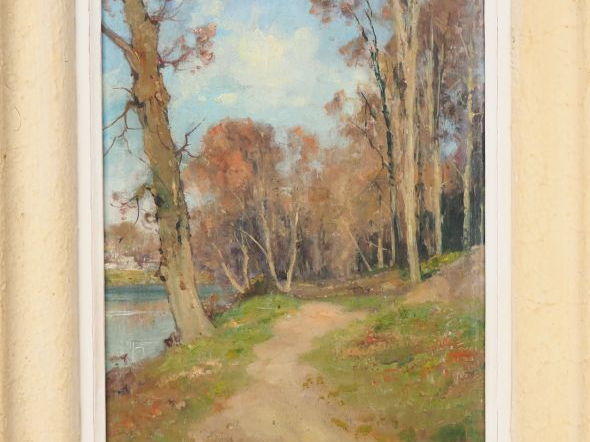 Albert REGAGNON. "Au parc toulousain". Huile sur panneau, signée en ba