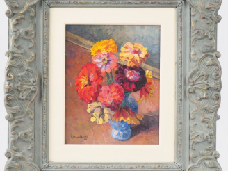 Vente aux enchères Hélène RIVIERE. "nature morte au bouquet de fleurs" Huile sur panneau,