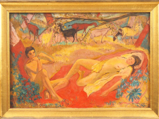 Vente aux enchères André SUSPLUGAS. "l'Eden". Huile sur toile signée en bas à droite et d