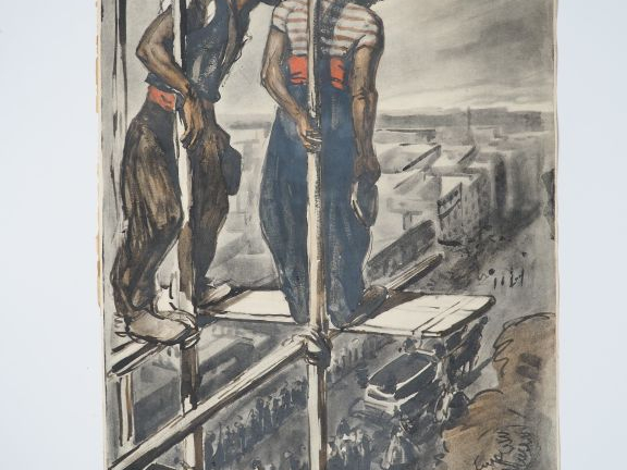 STEINLEN "En haut du chantier. Aquarelle signée en bois à droite. Dim.