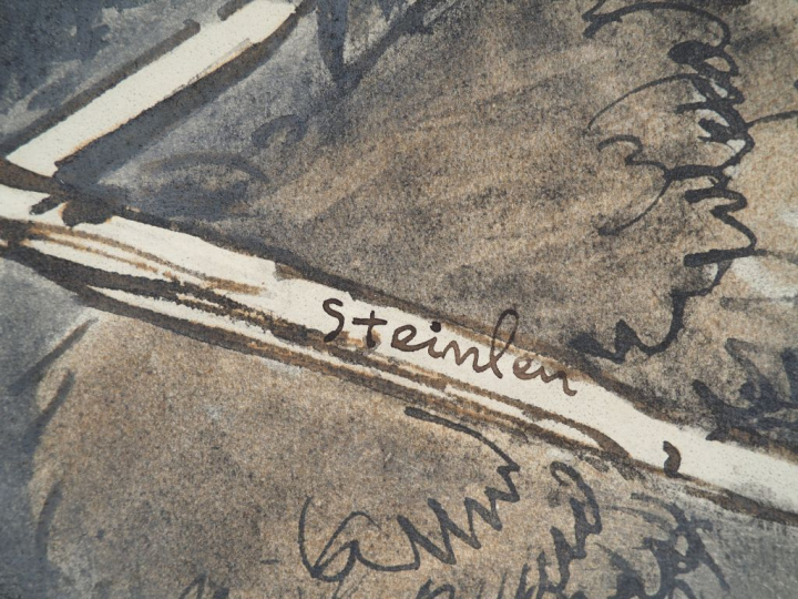 STEINLEN "En haut du chantier. Aquarelle signée en bois à droite. Dim.