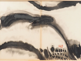 Vente aux enchères T'ANG AYWEN.  "composition abstraite" Encre sur papier signée en bas à