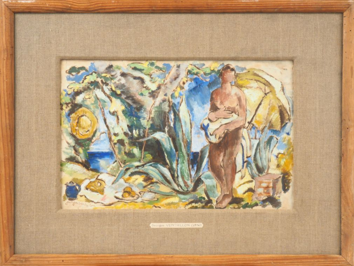 G. VENTRILLON. "Baigneuse" Gouache, signée en bas à gauche. Dim. 29 x 