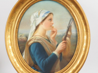 Vente aux enchères Ecole française XIXème. "jeune bergère" Pastel dans un cadre en médail
