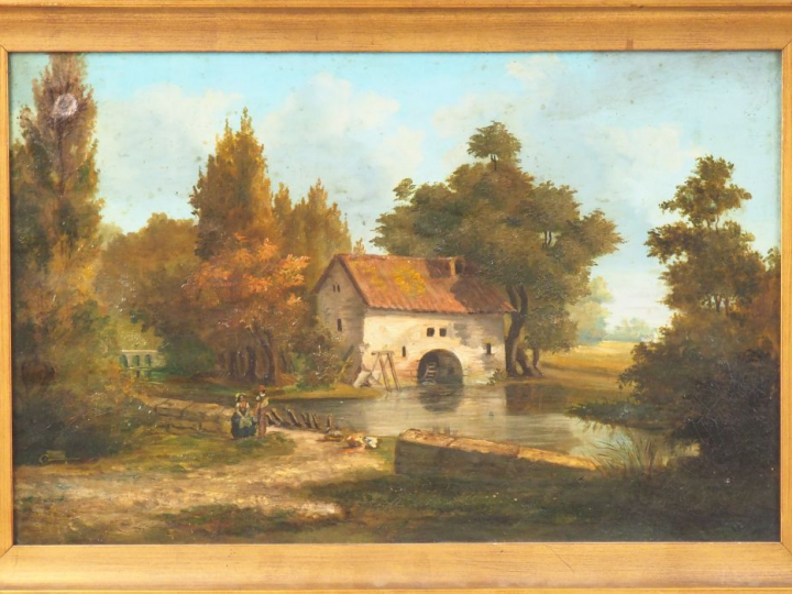 Ecole française XIXème. "paysage au moulin". Huile sur toile, signée e